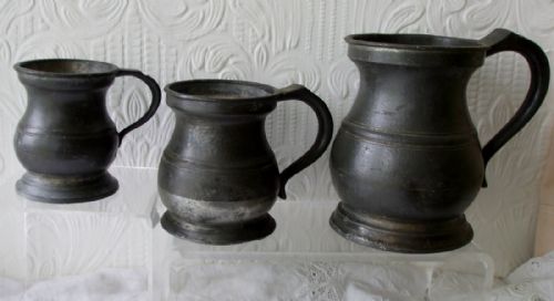 Harlequin Set of Three Antique English Georgian / Victorian Pewter Baluster Measures