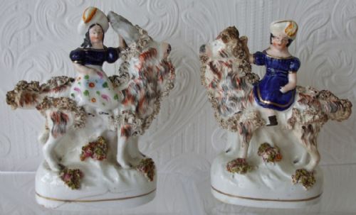 Pair of Antique English Victorian Staffordshire Pottery Royal Portrait Figures ~ "Prince of Wales and Princess Royal on Goats" ~ H598 / H599
