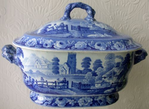 Antique English Georgian Blue and White Transfer "Village Church" Pattern Pottery Tureen and Cover