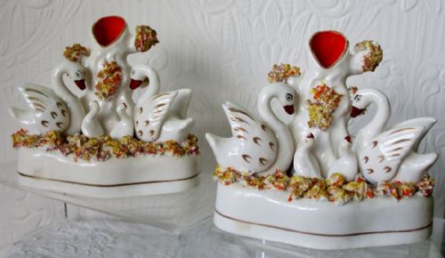 Pair of Antique English Victorian Staffordshire Pottery "Swan" Spill Vases ~ Ha2832a
