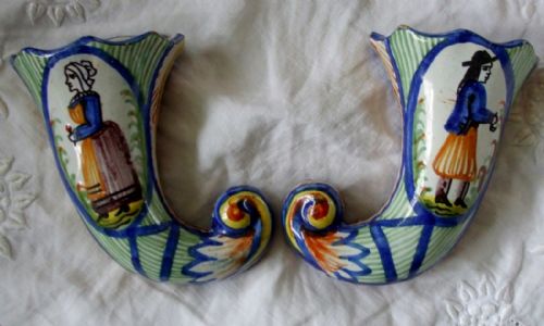 Pair of Antique Quimper French Faience Cornucopia
