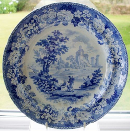 Antique English Georgian Blue and White Transfer "Biddulf Castle" Pattern Pottery Plate ~ Zacharia Boyle of Hanley