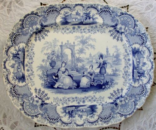 Antique English Victorian Blue and White Transfer "Spanish Beauties" Pattern Pottery Dish
