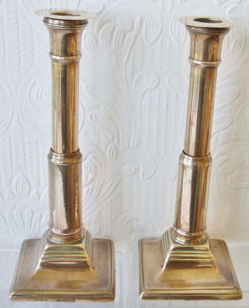 fig 1. Pair of Antique English Georgian Patent Telescopic Brass Candlesticks