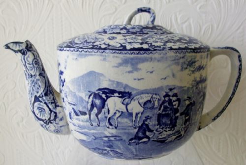 Antique English Georgian Blue and White Transfer "Pratt's Native Scenery" Pattern Teapot ~ F. & R. Pratt of Fenton