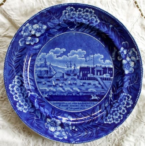 Antique English Georgian Blue and White Transfer Pottery Plate ~ "The Landing of Gen. La Fayette" ~ James and Ralph Clews