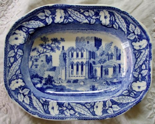 Antique English Edwardian Blue and White Transfer "Lanercost Priory" Pattern Pottery Dish ~ Mintons