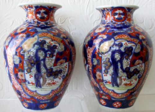 fig 1. Harlequin Pair of Antique Japanese Meiji Period Imari Vases