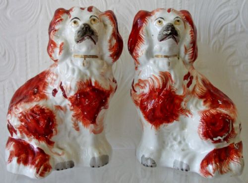 Pair of Antique English Victorian Staffordshire Pottery "Comforter" Spaniels ~ H2426 / H2427