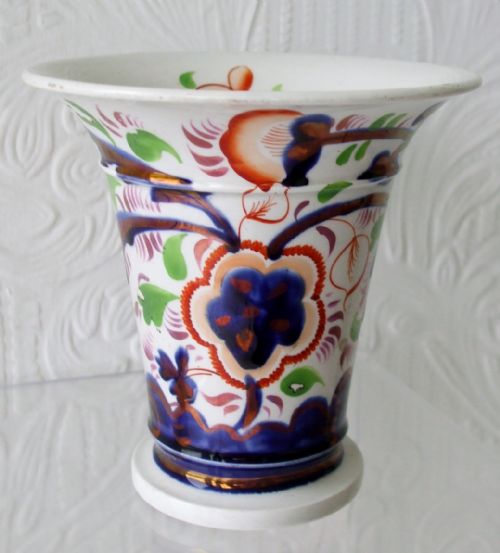 Antique Victorian Gaudy Welsh "Sunflower" Pattern Pottery Trumpet Vase