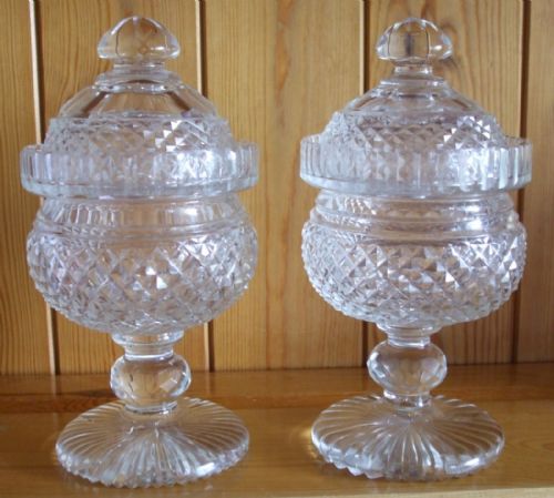 Pair of Antique English  or Irish Victorian Cut Glass Sweetmeat Dishes and Covers