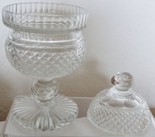 fig 1. Pair of Antique English  or Irish Victorian Cut Glass Sweetmeat Dishes and Covers