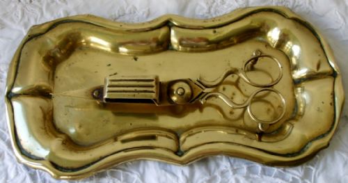 Pair of Antique English Georgian Brass Candle Snuffers and Tray
