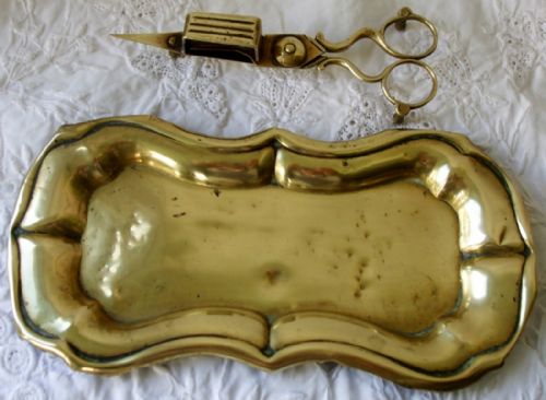 fig 1. Pair of Antique English Georgian Brass Candle Snuffers and Tray