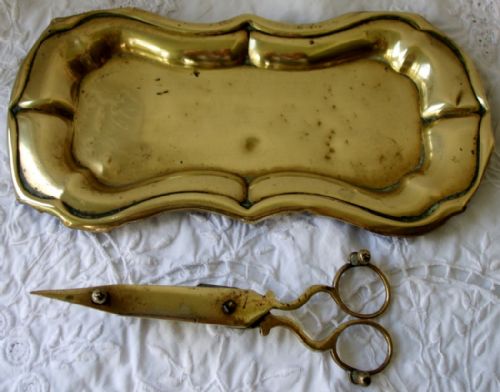 fig 2. Pair of Antique English Georgian Brass Candle Snuffers and Tray
