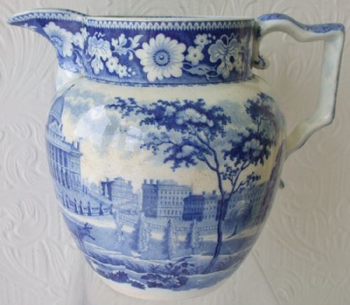 Antique English Georgian Blue and White Transfer Pottery Jug / Pitcher ~ "Boston State House" ~ John Rogers & Son
