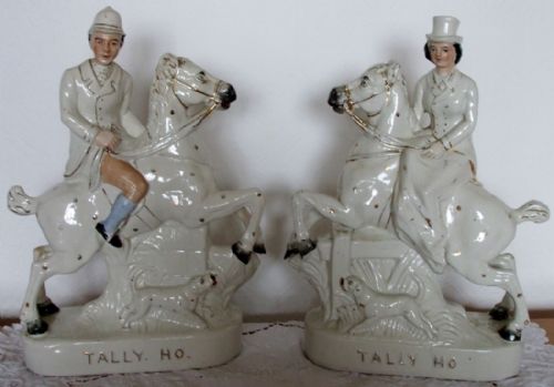 Pair of Antique English Victorian Staffordshire Pottery Equestrian Figures ~ "Tally Ho"