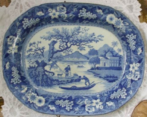 Antique English Georgian Blue and White Transfer Pottery Serving Dish / Platter ~ "Fishermen with Nets" Pattern ~ Robert Hamilton of Stoke