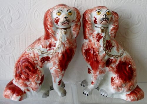 Pair of Antique English Victorian Staffordshire Pottery "Comforter" Spaniels ~ H 2474 ~ H 2475