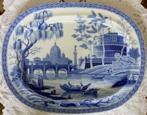 Antique English Georgian Blue and White Transfer Serving Dish / Platter ~ "Rome / Tiber" Pattern ~ Spode