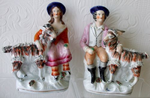 Pair of Antique English Victorian Staffordshire Pottery Figures ~ "Boy and Girl with Goats" ~ H 2347a / H 2347b