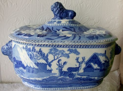 Antique English Georgian Blue and White Transfer "Fallow Deer" Pattern Tureen and Cover ~ John Rogers & Son
