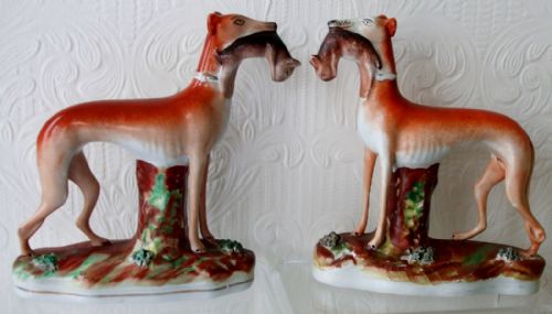 Pair of Antique English Victorian Staffordshire Pottery Whippets ~ H A2623 / H A2624