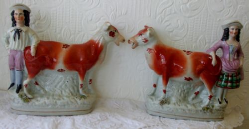 Pair of Antique English Victorian Staffordshire Pottery Cow Creamers ~ "Milkmaid and Milkman" ~ H 2319 - H 2320