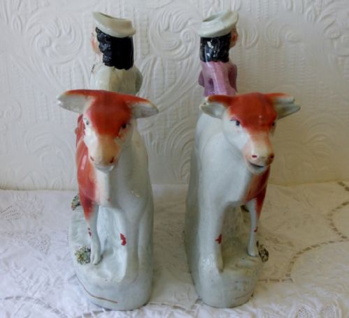 fig 1. Pair of Antique English Victorian Staffordshire Pottery Cow Creamers ~