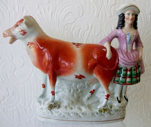 fig 2. Pair of Antique English Victorian Staffordshire Pottery Cow Creamers ~