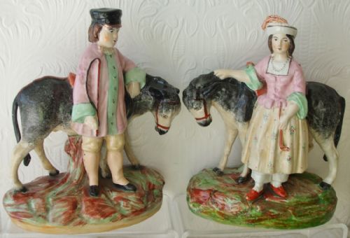 Pair of Antique English Victorian Staffordshire Pottery Figures ~ "Children with Donkeys" ~ H A2376a ~ H A2376b