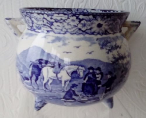 Antique English Georgian Blue and White Transfer "Pratt's Native Scenery" Pattern Pottery Cauldron ~ F. & R. Pratt of Fenton