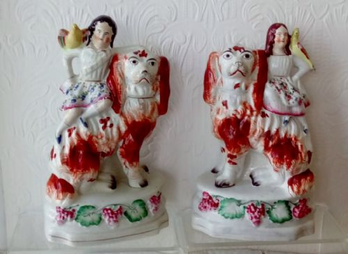 Pair of Antique English Victorian Staffordshire Pottery Figures " Children with Spaniels" ~ H2223 / H2224