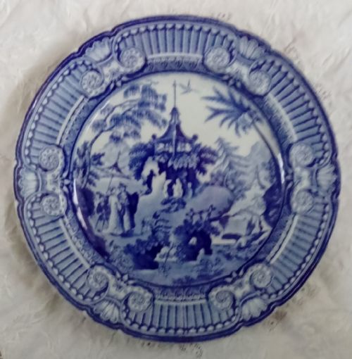 Antique English Georgian Blue and White Transfer "Summerhouse on Rock" Pattern Pottery Shallow Dish / Plate