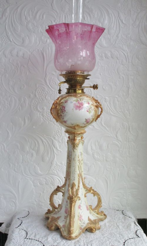 Antique English Victorian Moore Brothers Porcelain Oil Lamp