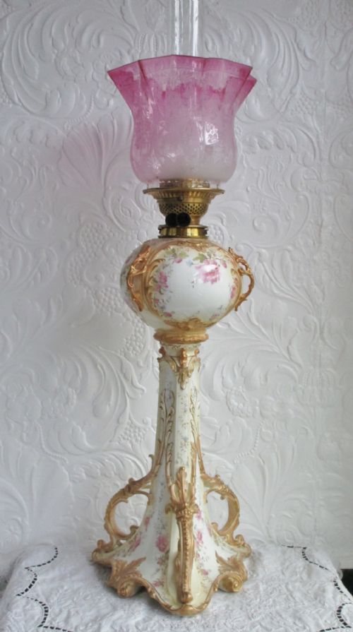 fig 1. Antique English Victorian Moore Brothers Porcelain Oil Lamp