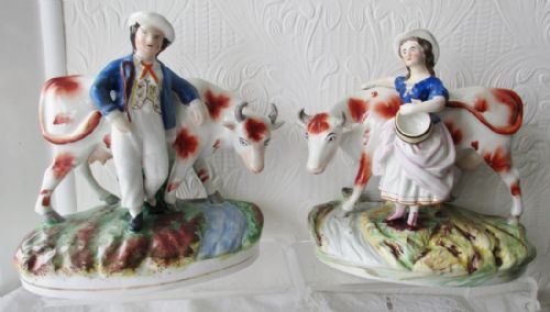 Pair of Antique English Victorian Staffordshire Pottery Figure Groups ~ "Milkman and Milkmaid with Cows" ~ H 2314d / H 2314c