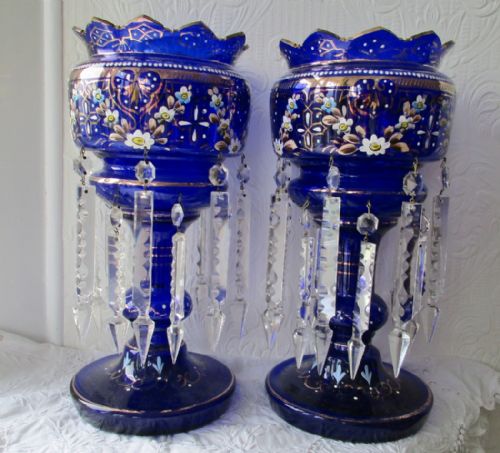 Pair of Antique English Victorian Blue Glass Lustres