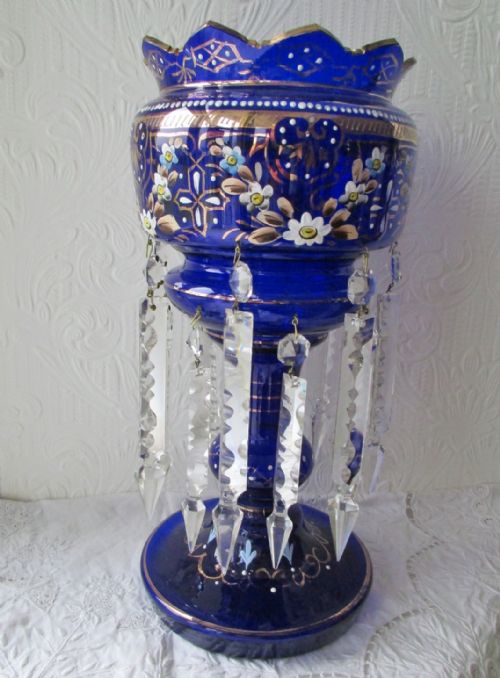 fig 1. Pair of Antique English Victorian Blue Glass Lustres