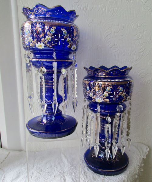 fig 2. Pair of Antique English Victorian Blue Glass Lustres