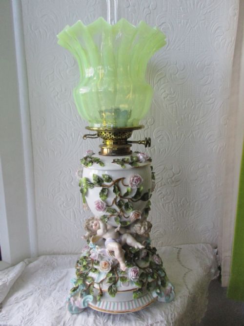 Antique Victorian German "Sitzendorf" Porcelain Cherubs Oil Lamp