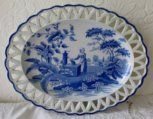 Antique English Georgian Blue and White Transfer "Girl at the Well" Pattern Pottery Chestnut or Dessert Basket Stand ~ Spode