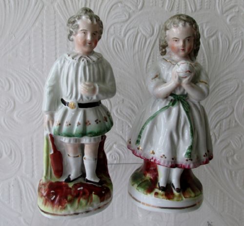 Pair of Antique English Victorian Staffordshire Pottery Figures ~ "Children at Play"