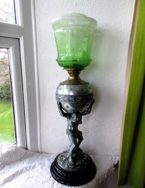 Antique English Victorian Pewter "Atlas / Zodiac" Oil Lamp