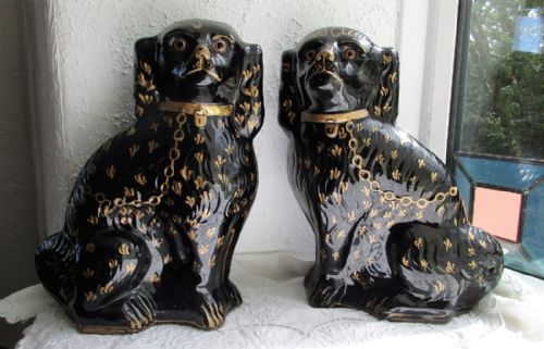 Pair of Antique English Victorian "Jackfield" Pottery "Comforter" Spaniels ~ H2416 / H2417