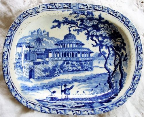 Antique English Georgian Blue and White Transfer "Chalees Satoon" Pattern Pottery Dish ~ Possibly Mayer and Newbold