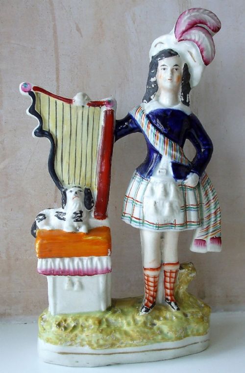 Antique English Victorian Staffordshire Pottery Figure ~ "Highland Boy with His Dog and Harp" ~ H 1572