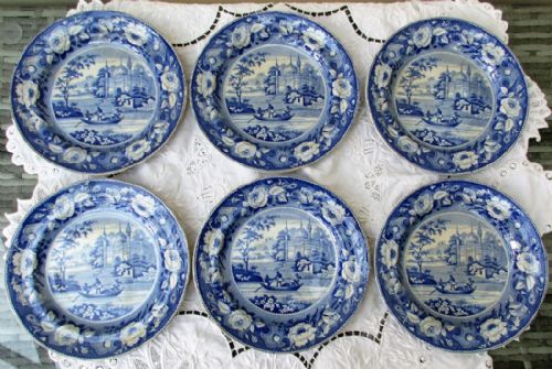 Set of Six Antique English Georgian Davenport Blue and White Transfer "Mosque and Fishermen" Pattern Pottery Plates