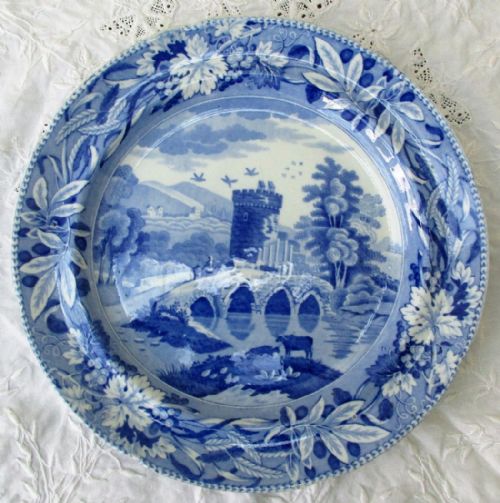 Antique English Georgian Blue and White Transfer "Bridge of Lucano Italy" Pattern Pottery Plate