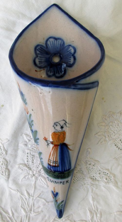 Antique Hr Quimper French Faience Cornet / Wall Pocket